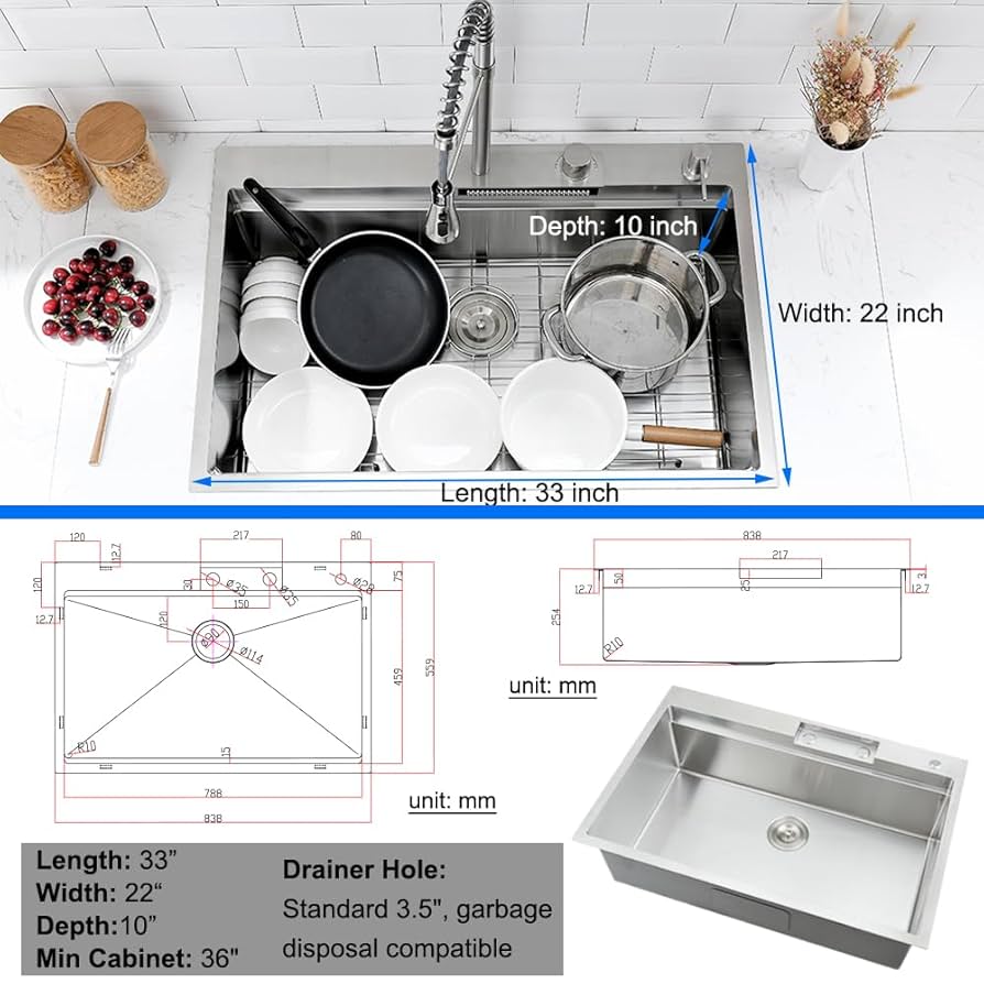 BoomHoze 33 Inch Drop In Waterfall Kitchen Sink, 33x22 Drop